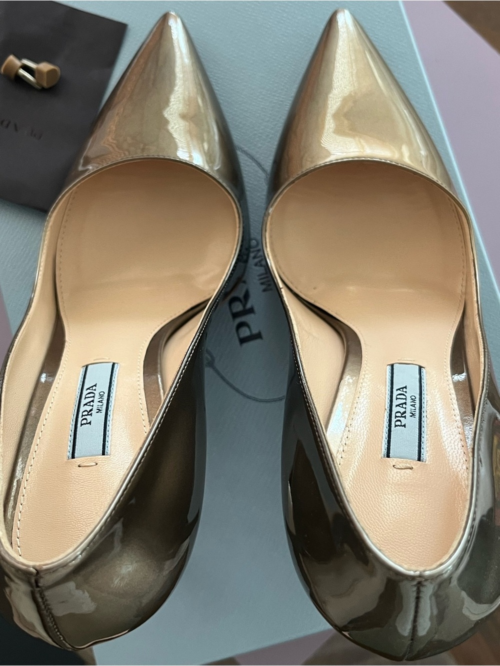 Prada Metallic Gold Patent Pointed-Toe Pumps